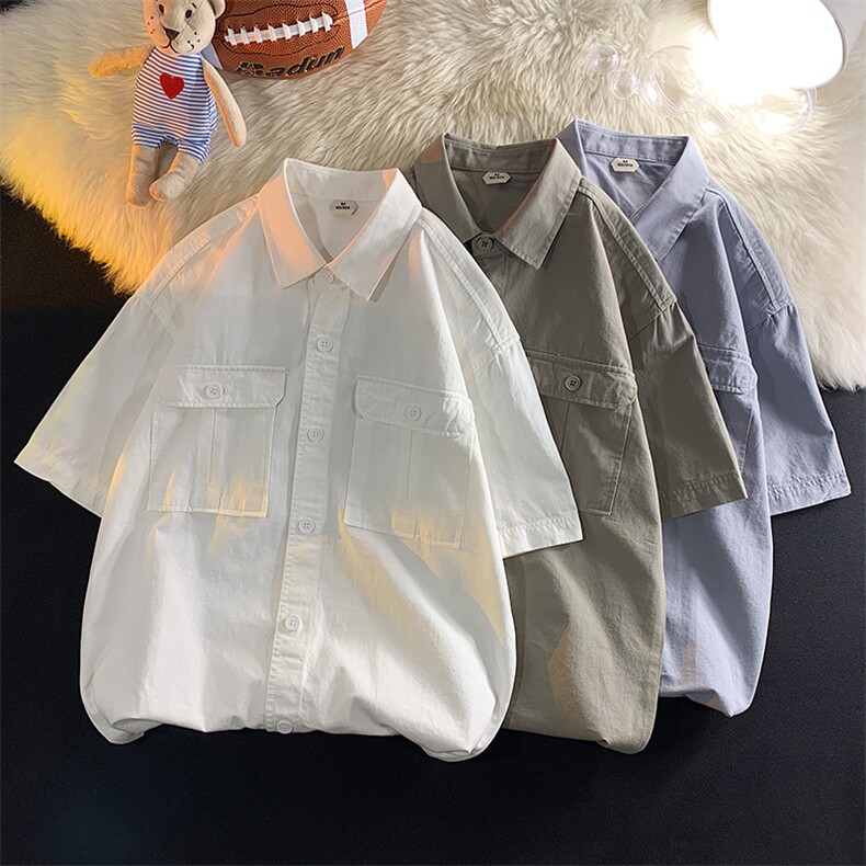 2024夏季纯色短袖情侣男女衬衫学生潮流E301P55限78,男装衬衫,电商A089-1
