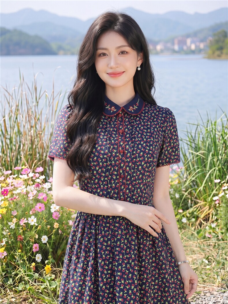 田园风碎花刺绣连衣裙女春夏收腰显瘦中长裙,女装连衣裙,水衣源