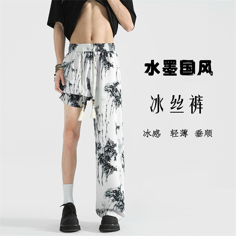 水墨画冰丝裤子夏季风新中式西裤宽松休闲裤504-K195-P40控58图片