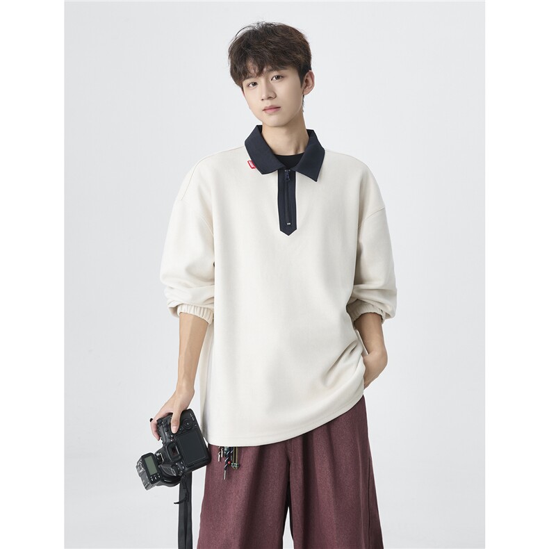 麂皮绒半拉链POLO衫男长袖潮牌拼接撞色套头上衣PL268-P55控88,男装Polo衫,星座403（原603-1）