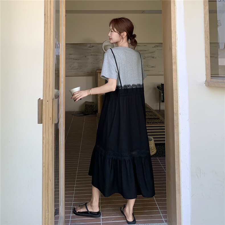 蕾丝拼接假两件连衣裙女2025夏季新款法式轻熟风独特气质鱼尾长裙,女装连衣裙,2C375