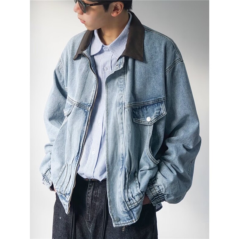 潮流日系气质慵懒原宿新款拼皮翻领褶皱水洗牛仔外套W6701-P78，男装工装外套，星座412-3