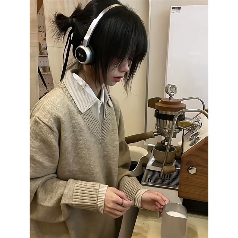 重磅北极绒假两件衬衫领毛衣美式高街复古休闲慵懒纯色翻领针织衫,男装针织衫/毛衣,电商A486-1