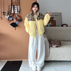 冬季新款韩版拼接格子立领棉服外套女保暖宽松百搭面包服棉衣女潮，男装棉衣，星座506A