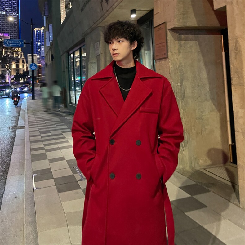 外景秋冬宽松毛呢大衣男潮酒红百搭风衣外套MN99995/P100加棉P110，男装风衣，电商B316