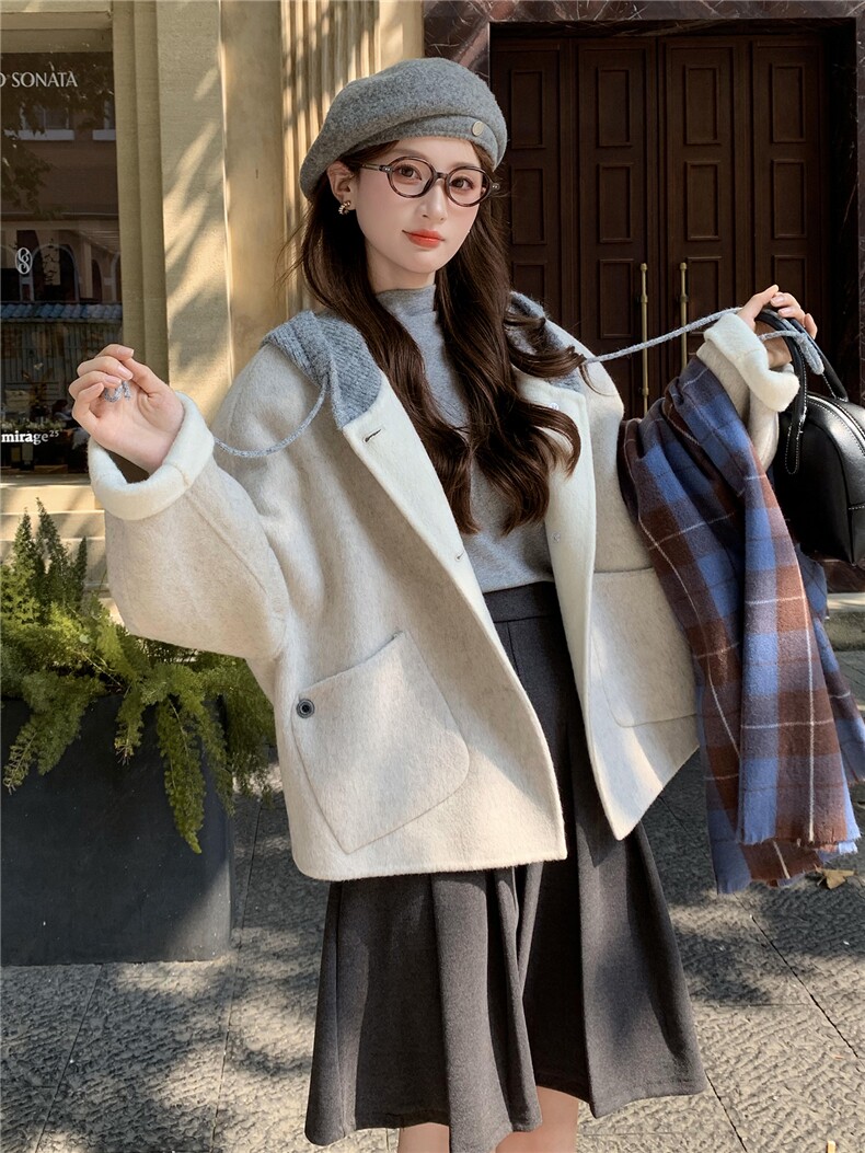 现货新款秋冬新款针织连帽拼接长袖羊绒外套女短款双面羊绒大衣潮,女装毛呢外套,韩然一族
