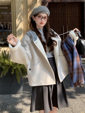 现货新款秋冬新款针织连帽拼接长袖羊绒外套女短款双面羊绒大衣潮，女装毛呢外套，韩然一族