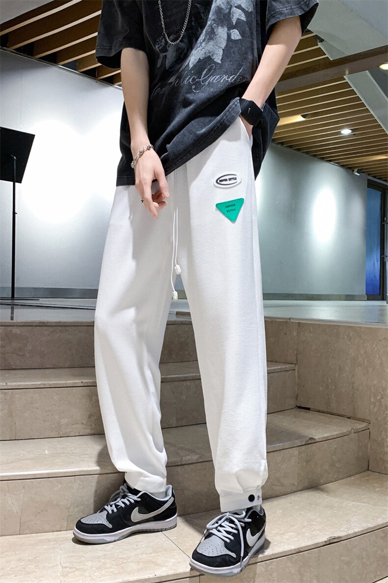 K6073/P35夏季华夫格港风九分裤男女开叉休闲裤束脚裤腰里包边,男装休闲裤,电商A141
