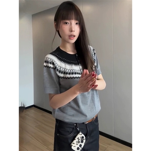 网图有货 夏季费尔岛亨利领针织衫短袖T恤男女老钱风上衣A637-P45图片