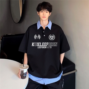 撞色条纹拼接假两件POLO衫潮牌学院风百搭宽松休闲T恤T300-P48,男装Polo衫,电商C307