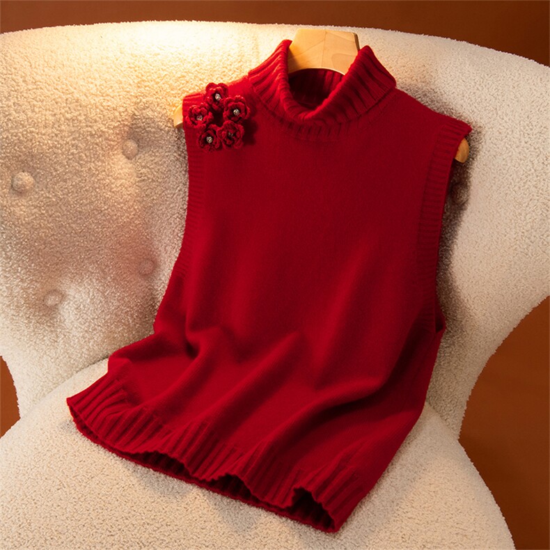 2026年秋季时尚百搭通勤简约休闲红色五朵花带钻高领马甲，女装马甲，盛世绒华