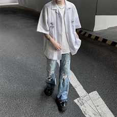 港风夏款男短袖衬衫条纹字母刺绣图案五分袖衬衣CS63P45，男装衬衫，星座1013-1