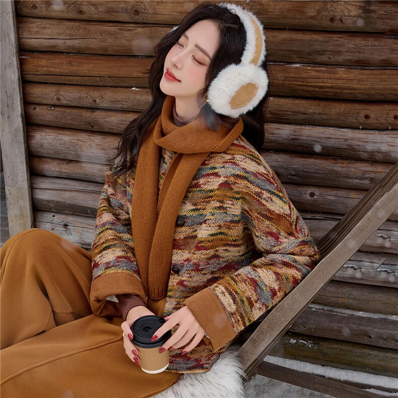【bao款大货已出】2025冬装新款含毛粗纺条纹南瓜色羽绒服外套,女装羽绒服,雅静靓衣