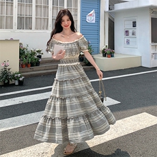 法式复古方领泡泡袖连衣裙女2025夏季高腰显瘦格纹长裙一字领裙子，女装连衣裙，浙宝285（原212）