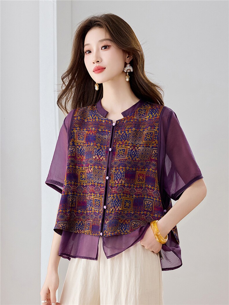 长期现货2026年夏季新款中式假两件复古短袖小衬衫马甲上衣T恤女,女装衬衫,璐依舞
