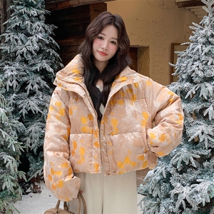 独特设计感黄色立领印花短款羽绒服女冬超火好看高级小众加厚外套图片