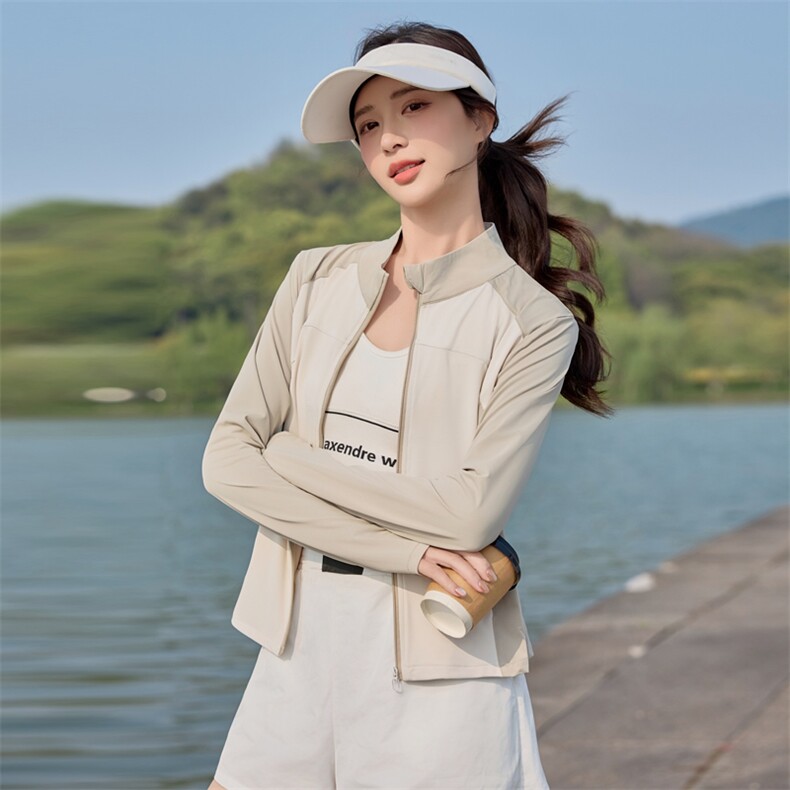 夏季冰丝透气户外防晒衣女2025新款时尚拼色修身瑜伽防晒服薄外套,女装防晒衣,悦祺