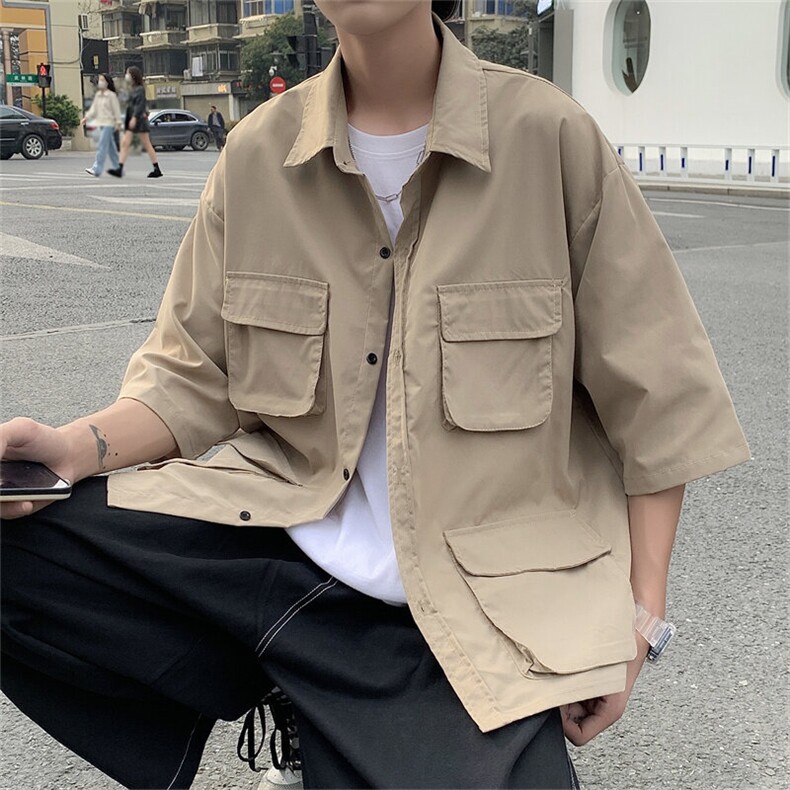 2025夏装多口袋工装短袖衬衫男宽松休闲大码衬衣C300P40,男装衬衫,电商C323