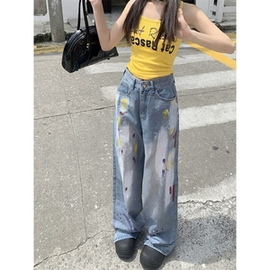 复古涂鸦彩绘直筒牛仔裤男女美式水洗高腰宽松百搭阔腿拖地 NZ823图片