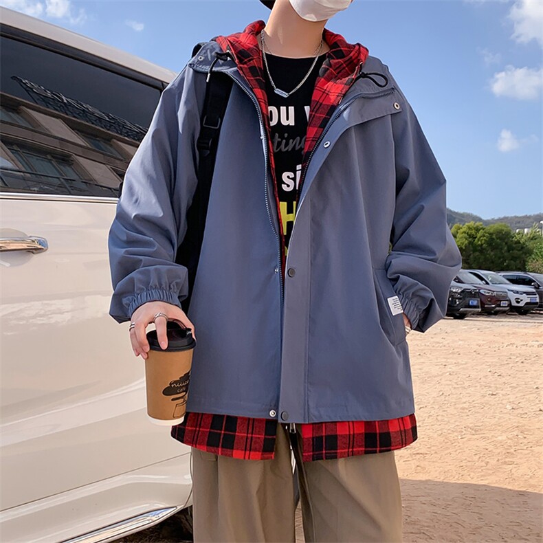 JK6006/P75春装新款假两件格子撞色连帽夹克男潮宽松大码上衣控99,男装夹克,电商A141