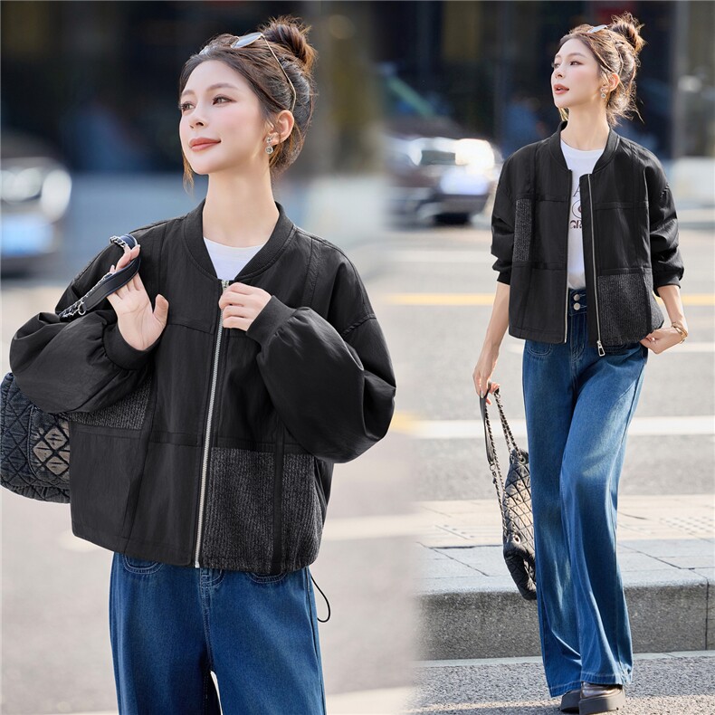 时尚个性拼接撞色皮衣外套PU女2025秋季新款短款上衣,女装短外套,余墨