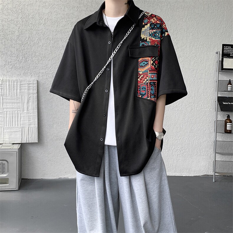 8XL-M民族风拼接短袖衬衫男夏季痞帅半袖衬衣薄款外套DC28009P45,男装衬衫,电商B312