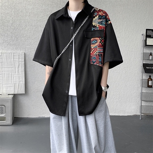 8XL-M民族风拼接短袖衬衫男夏季痞帅半袖衬衣薄款外套DC28009P45图片
