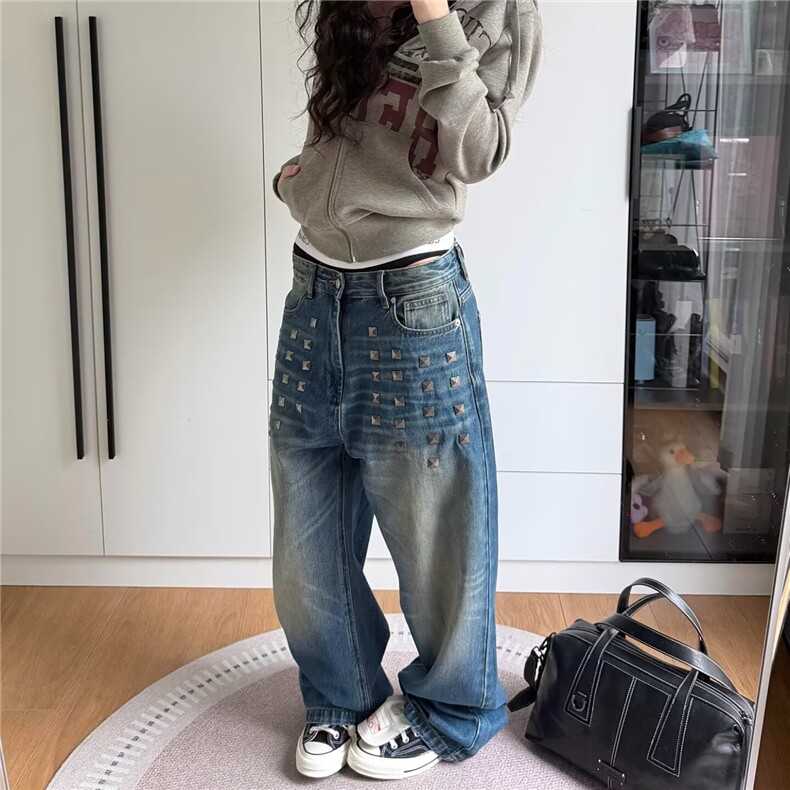 美式复古蓝闪电纹铆钉牛仔裤女2025新款宽松显瘦高街直筒阔腿裤子,男装牛仔裤,星座506A