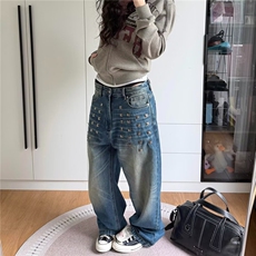 美式复古蓝闪电纹铆钉牛仔裤女2025新款宽松显瘦高街直筒阔腿裤子，男装牛仔裤，星座506A