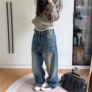 美式复古蓝闪电纹铆钉牛仔裤女2025新款宽松显瘦高街直筒阔腿裤子图片