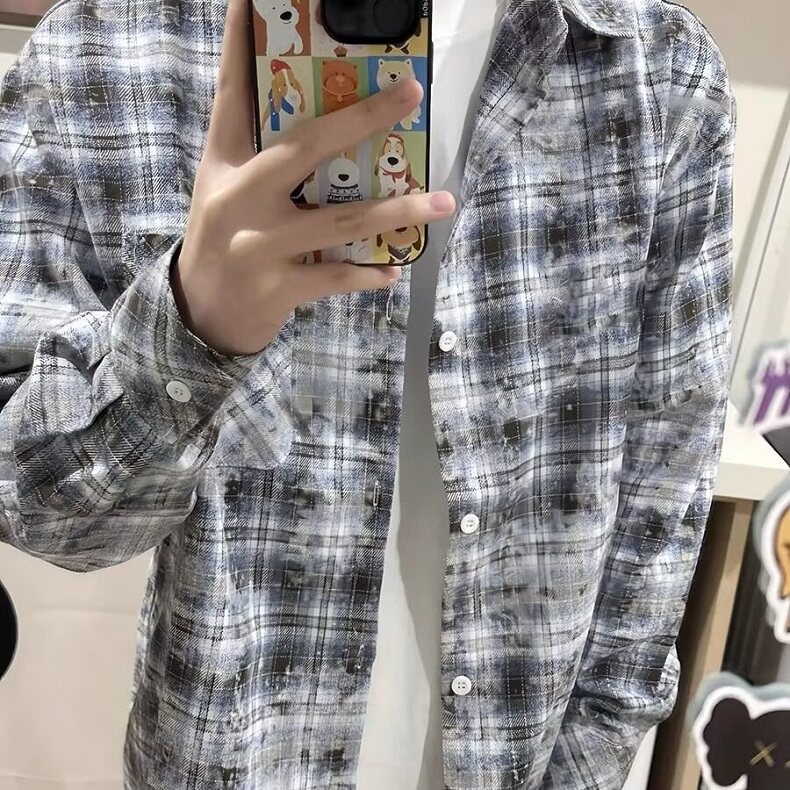 新款流行灰色扎染格子衬衫男夏季原宿气质慵懒文艺insCS38,男装衬衫,星座1116A（原606A-3）