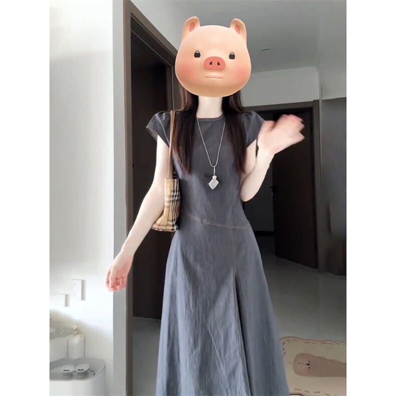 法式收腰灰色气质连衣裙2025夏季不规则圆领显瘦无袖裙子潮,女装连衣裙,星座1210-1