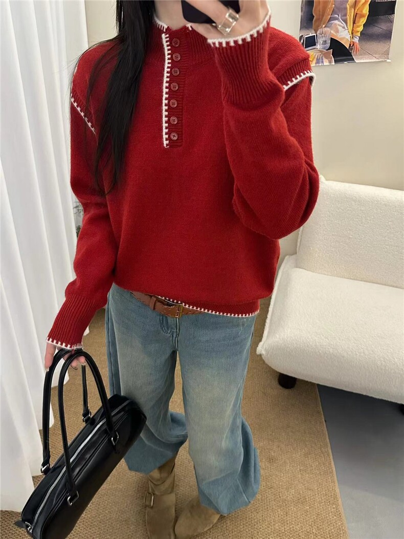 2025年冬季假两件纽扣半高领套头针织打底衫女，女装针织衫/毛衣，臻纶羊绒