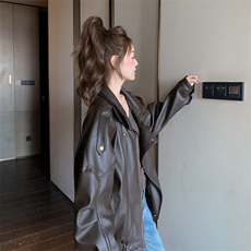 咖色美式复古显瘦pu皮衣外套女2025春秋季新款机车风流行夹克上衣，女装短外套，2C269