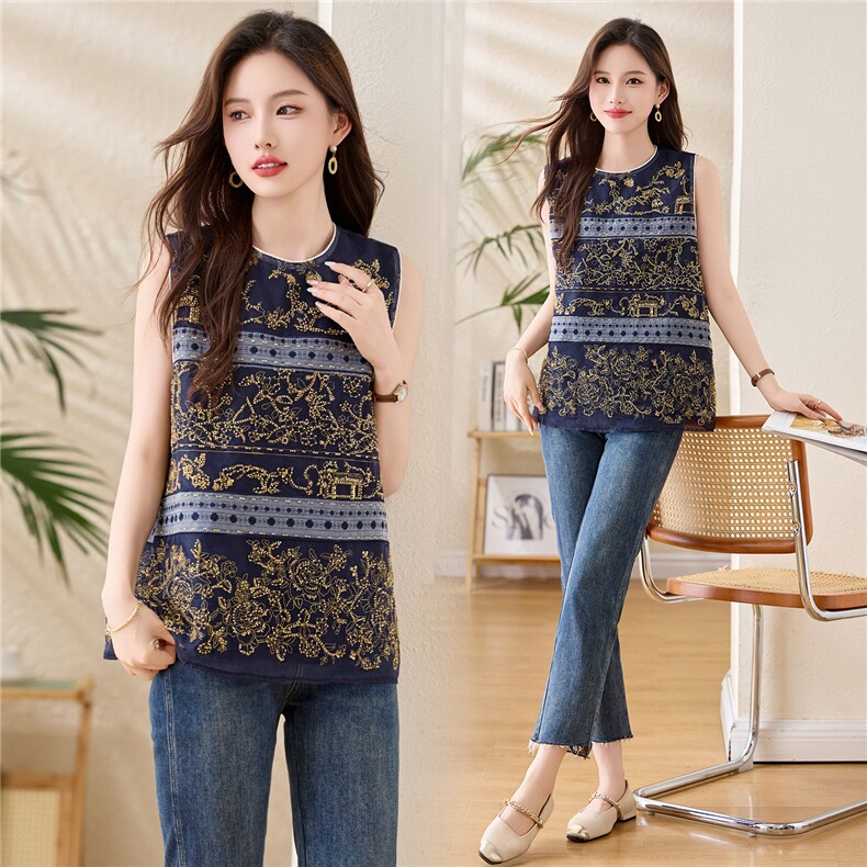 新中式重工串珠刺绣马甲女时髦洋气高级感薄款欧根纱无袖上衣，女装蕾丝衫/雪纺衫，依多米