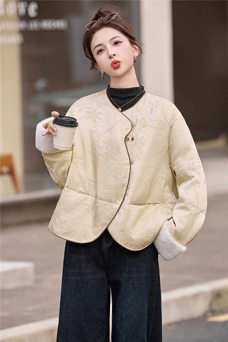羽绒服女提花短外套2025冬季新款新中式白鸭绒上衣,女装羽绒服,仟媚宠