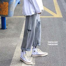 夏款男牛仔裤破洞宽松下坠纯色潮直筒九分裤n，男装牛仔裤，星座1013-1