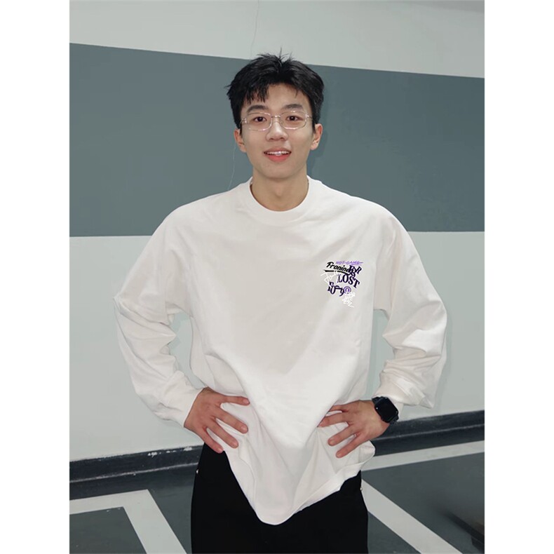 现货230克重磅精梳纯棉束口印花螺纹袖口长袖T恤打底衫ACT06，男装T恤，电商A443