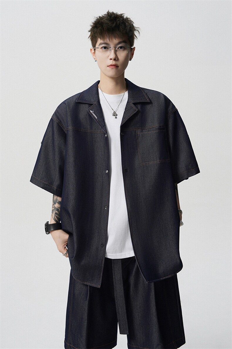 8XL-M夏季简约高级感冰丝牛仔古巴领男休闲痞帅宽松套装潮TZ109,男装休闲套装,电商D206-1