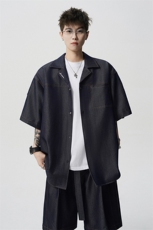 8XL-M夏季简约高级感冰丝牛仔古巴领男休闲痞帅宽松套装潮TZ109，男装休闲套装，电商D206-1