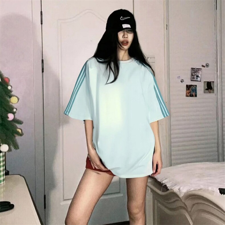 抖音得物品质二开240克宽松纯棉美式潮牌印花三条杠中性风短袖T恤,男装T恤,电商A486