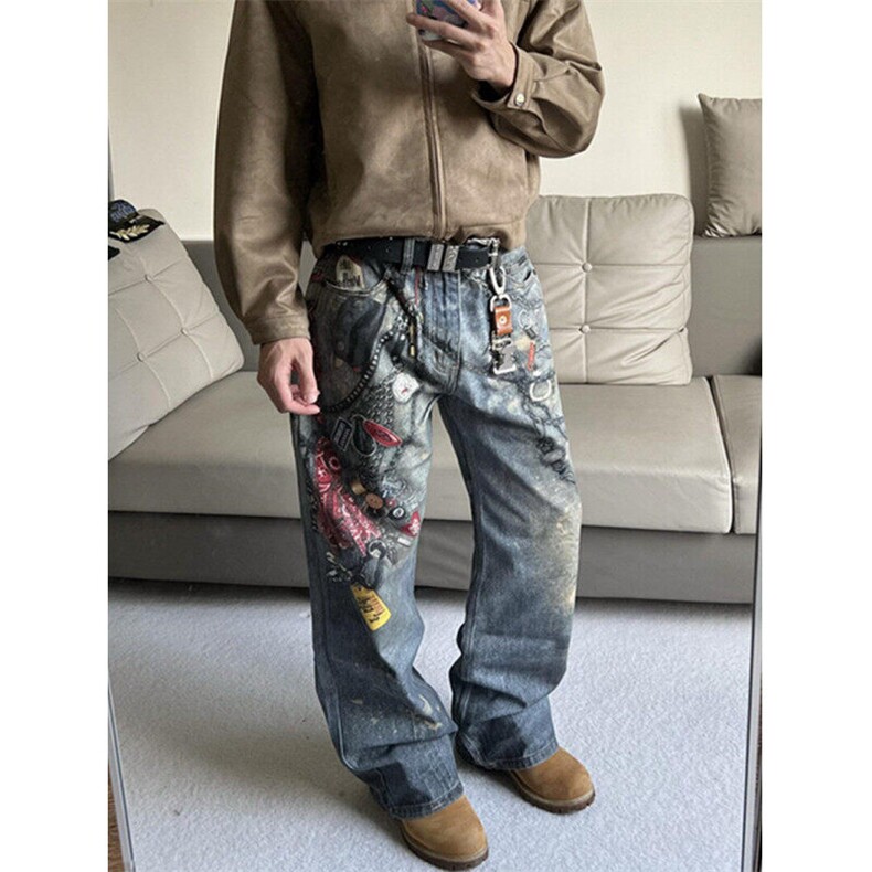 CP1236-P563D立体数码印花裤链水洗泼墨做旧复古阔腿直筒牛仔，男装休闲裤，电商B323A