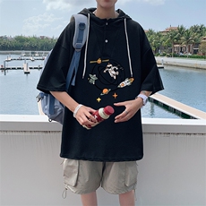 LD54142-P45连帽短袖t恤男大码胖子带帽五分袖中袖，男装T恤，电商A040