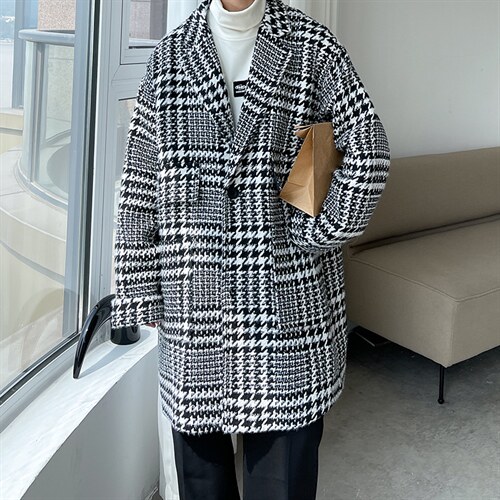 秋冬季中长款千鸟格呢料风衣男潮流宽松西装领外套A071-F05-P120，男装风衣，电商A071