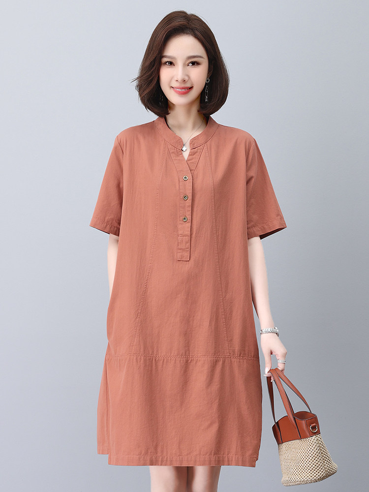 亚麻连衣裙女短袖2025夏季新款宽松休闲妈妈显瘦遮肉中长棉麻裙子,女装连衣裙,悦见她