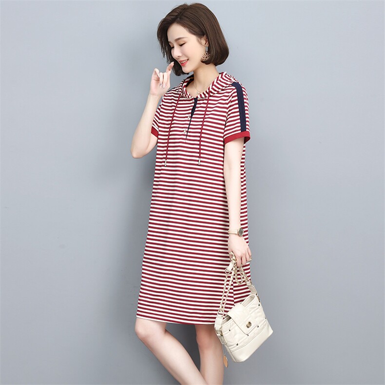 2022年夏季新款韩版条纹连衣裙针织卫衣裙套头中长款通勤,女装连衣裙,忆绮罗