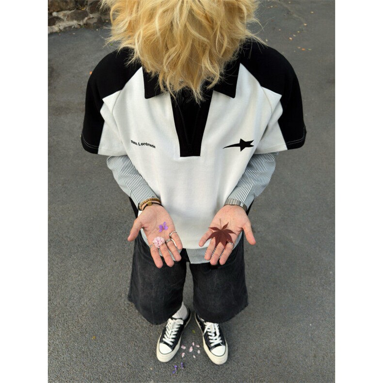 网图美式复古拼接短袖T恤男半拉链夏季宽松情侣polo衫-PL52-特P30，男装Polo衫，星座1007（原301D）