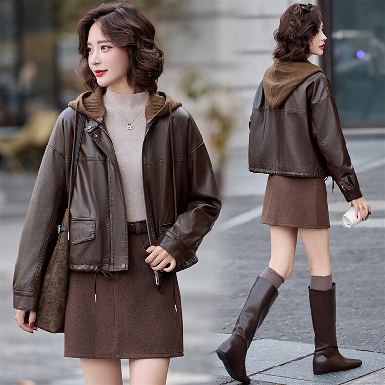 2025冬装新款简约时尚加绒拼接连帽皮衣外套，女装皮衣，魅丽静蓝