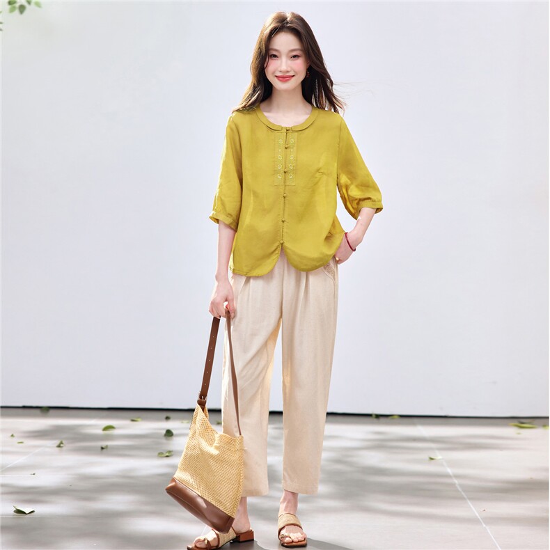 长期现货2026夏季新款天丝苎麻刺绣衬衫T恤中年小脚裤两件套装女,女装套装/套裙,璐依舞