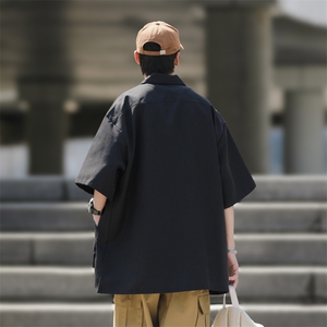 夏装日系复古大口袋短袖衬衫男宽松纯色大码衬衣 C500P35图片